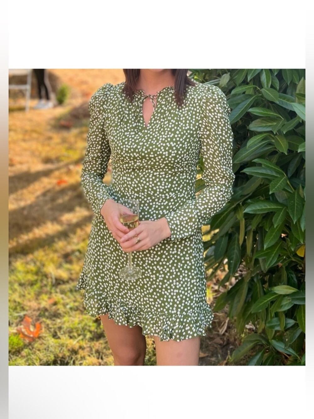 Reformation Marcy Polka Dot Mini Dress Long Sleeves in Green Sz 2